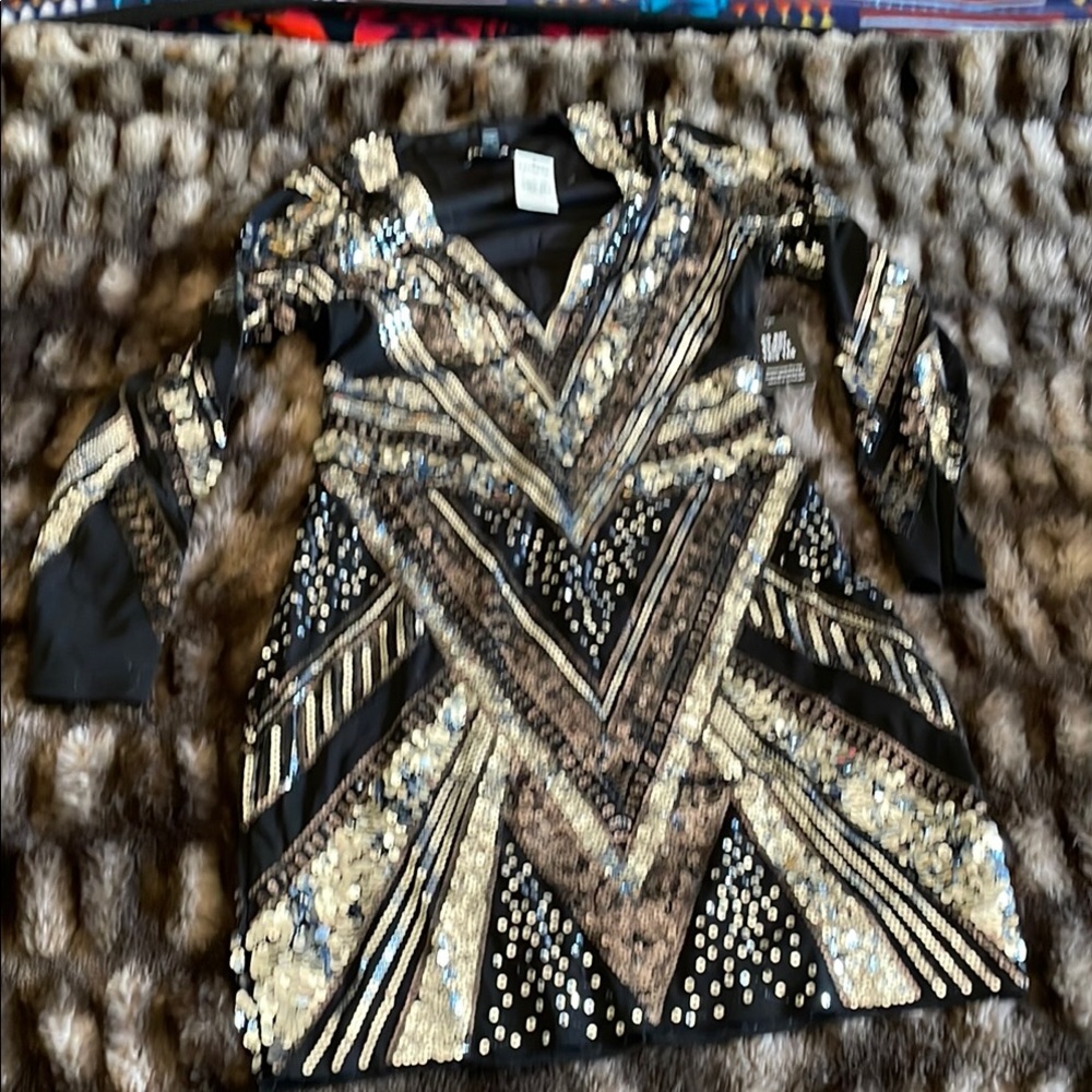 Stunning Black Mini Dress with Gold/Silver Sequins